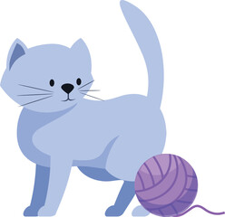 Playful blue cat is turning its head back to look at a purple yarn ball