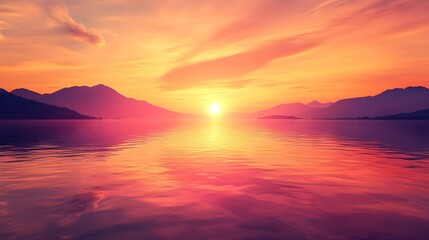 A vibrant sunset over a calm lake, reflecting hues of orange and pink on the water's surface, ideal for peaceful moments