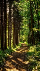 Fototapeta premium A dense forest path surrounded by towering trees and dappled sunlight filtering through the leaves, inviting exploration