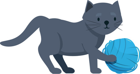 Cartoon grey cat playing with blue ball of yarn, isolated on white background