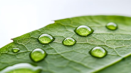 A close-up of dew drops on a green leaf, showcasing intricate details and natural patterns against a light solid color background