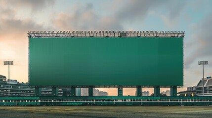 A large green blank billboard in a sports stadium, highlighted by stadium lighting and an energetic atmosphere.