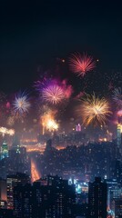 Fototapeta premium A city skyline at midnight with colorful fireworks illuminating the sky, creating a vibrant atmosphere for New Year's Eve