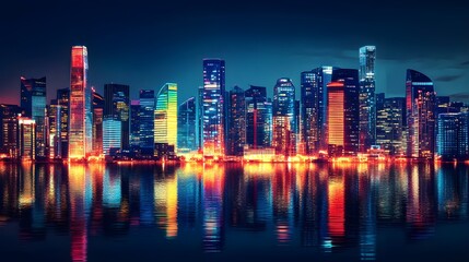 Fototapeta premium A skyline of a vibrant night city with illuminated skyscrapers reflecting on the water, creating a serene atmosphere