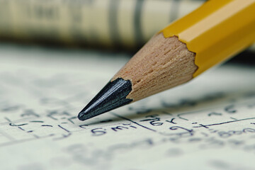 A close-up of a sharp pencil tip resting on a sheet with handwritten notes, emphasizing study, focus, and creativity in learning
