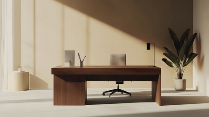 A modern office desk made of dark wood with a sleek design, surrounded by minimalistic decor and a light solid color background