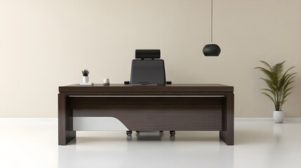 A modern office desk made of dark wood with a sleek design, surrounded by minimalistic decor and a light solid color background