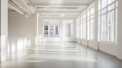 Fototapeta premium A bright office space with a spacious layout, large windows allowing natural light, and minimalist decor, perfect for productivity