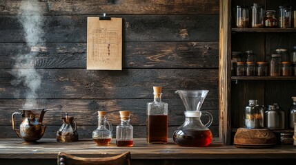 Steaming vintage coffee pots and glass jars on a wooden kitchen counter