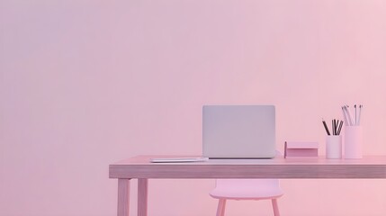 Fototapeta premium A spacious office table made of polished wood, featuring a laptop and stationery on top, against a soft pastel backdrop