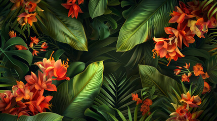 Naklejka premium Vibrant Tropical Plant in Full Bloom Showcasing Exotic Flowers and Lush Green Foliage