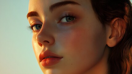 Realistic portrait of a young woman with soft lighting, showcasing intricate facial details and a light solid color background