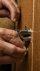 Locksmith carving wood to form a groove for a latch.