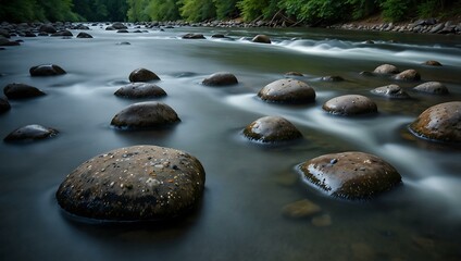 Long exposure of stones in a river.