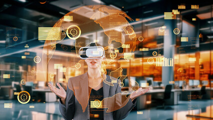 Woman taking up circle finance data dynamic world monitor by VR future global market interface digital infographic network technology virtual hologram animation at orange modern office. Contraption.