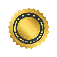 A golden badge or seal with a circular design, featuring a laurel wreath and five stars on a black inner ring. The badge has a shiny, metallic appearance, symbolizing quality and achievement.