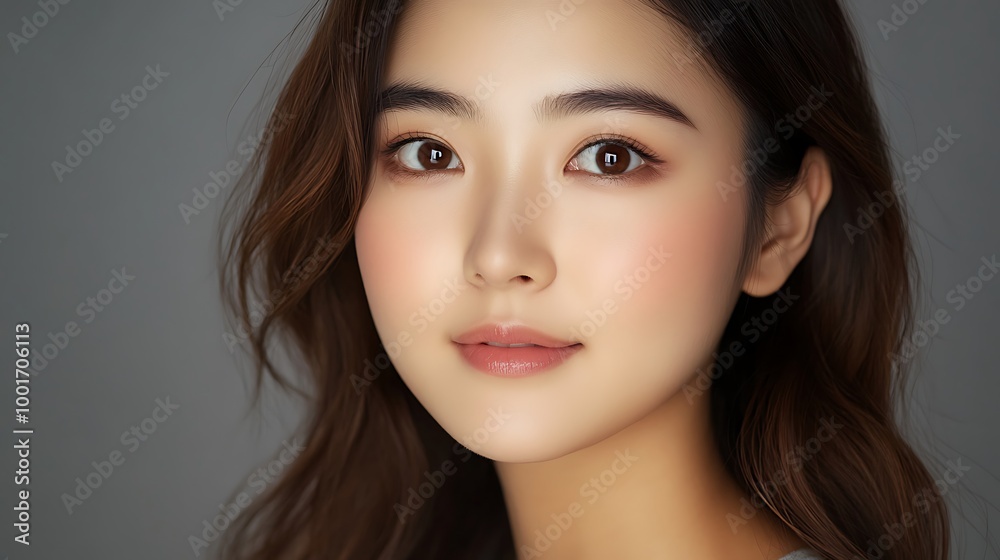 Poster Close up portrait of a young woman with natural makeup and brown hair, looking at the camera with a soft smile