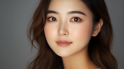 Fototapeta premium Close up portrait of a young woman with natural makeup and brown hair, looking at the camera with a soft smile