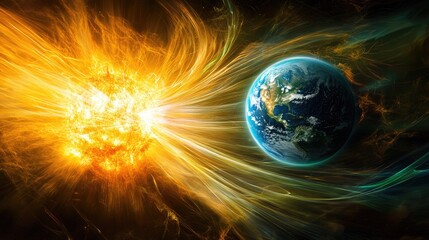 Fototapeta premium A fiery sun with glowing rays streams towards a blue and green Earth, representing a powerful force or a threat to our planet.