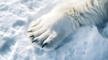 A close-up of a polar bear's paw resting on the icy surface, showcasing the intricate details of...