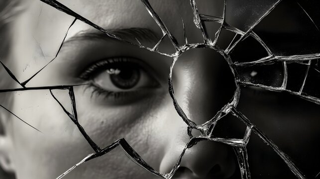 A close-up of a cracked mirror reflecting a troubled face, symbolizing fractured identity and paranoia