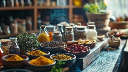 Fototapeta premium Various spices and herbs in bowls on a rustic kitchen counter