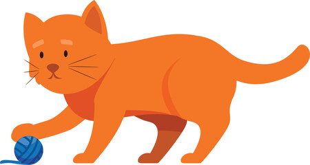 Playful ginger cat playing with a ball of blue yarn, isolated on a white background