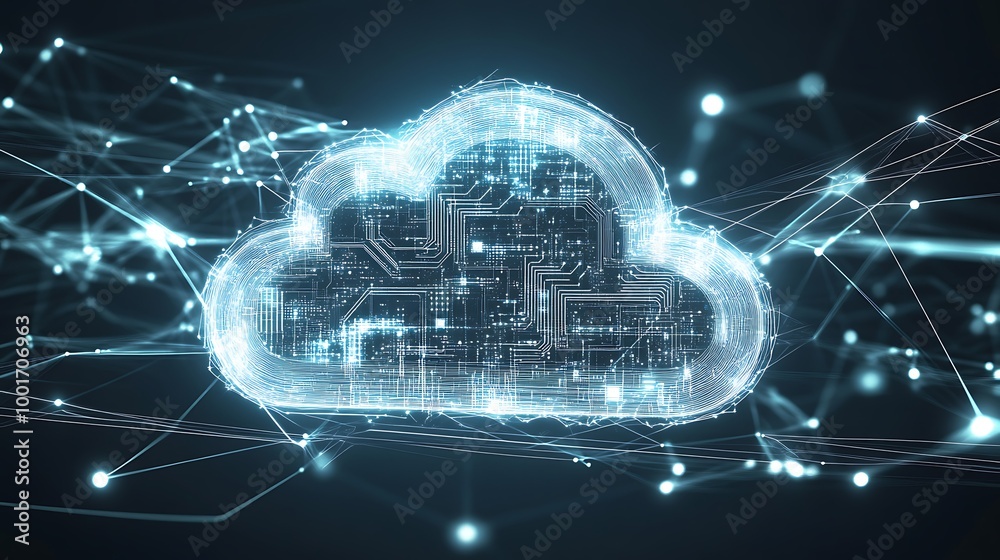 Aufkleber A glowing cloud computing icon with circuit board design inside surrounded by lines and dots on a blue background.