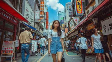 Obraz premium A woman walking down a busy street in a city