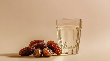 A close-up of dates and a glass of water, symbolizing the breaking of the fast during Ramadan, on a light solid color background