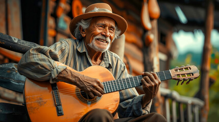 A man in a hat playing a guitar - Powered by Adobe