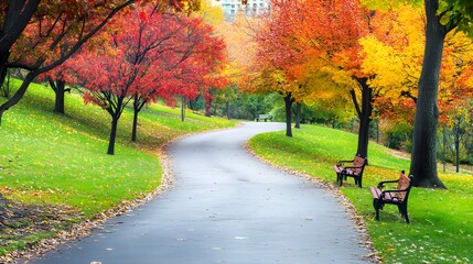 Naklejka premium Wide shot of a serene road winding through a city park, with colorful trees and benches, perfect for relaxation