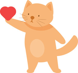 Charming ginger cat is holding a red heart, symbolizing love, care, and affection