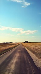 Fototapeta premium A deserted rural road stretching into the horizon, flanked by fields and a gentle breeze effect