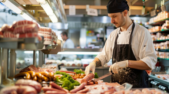 A man in an apron cutting meat with a knife in a butcher shop