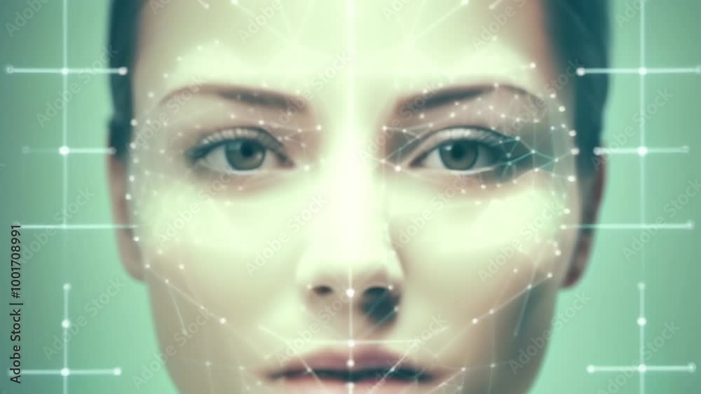 Poster Woman's face scanned by biometric software, creating a digital grid for security and identification. Futuristic technology analyzes features with ai, emphasizing cyber aspects