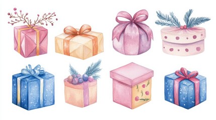 Obraz premium A set of watercolor gift boxes, each with a unique design. 