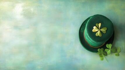 A vibrant green top hat adorned with a golden shamrock, resting on a light solid color background