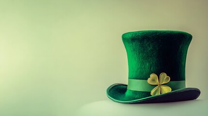 A vibrant green top hat adorned with a golden shamrock, resting on a light solid color background