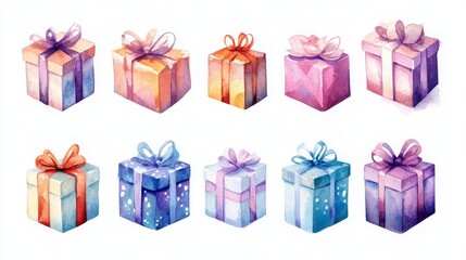Fototapeta premium A set of watercolor gift boxes, each with a unique design. 