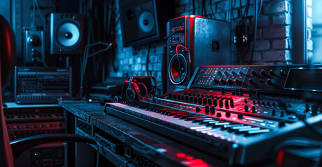 Fototapeta premium A synthesizer sitting on top of a desk next to a keyboard