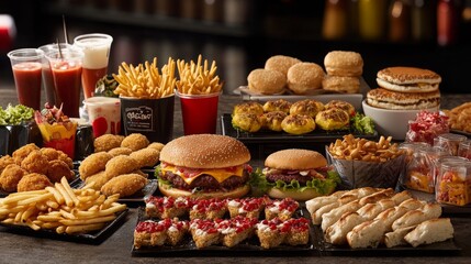 A variety of fast food displayed on a table, ready for a meal. -