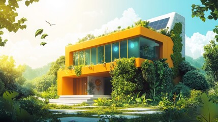 An illustration of an ecological house incorporating green technology, surrounded by greenery and sustainable features.