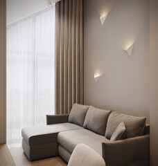 visualization of a bright modern guest room, pastel colors, 3d rendering, cg illustration