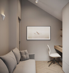 visualization of a bright modern guest room, pastel colors, 3d rendering, cg illustration