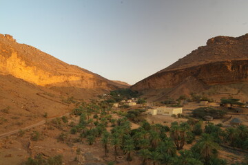 Exploring the oasis of Terjit in Mauritania at sunset amidst the dramatic mountain landscape