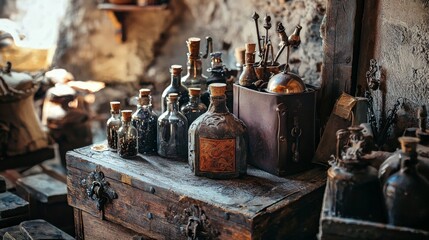 Obraz premium Old vintage bottles on a wooden chest in an antique shop