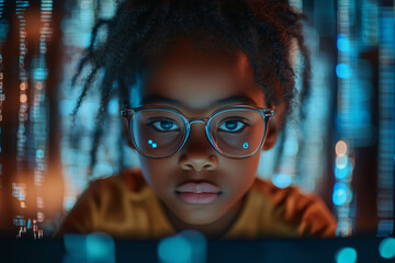 Black school pupil studying IT at computer learning code, data, AI