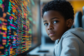 Black school pupil studying IT at computer learning code, data, AI