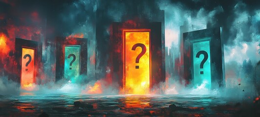 Doors floating in mid-air, with question marks painted in glowing, contrasting colors, representing the endless possibilities in a dreamlike setting